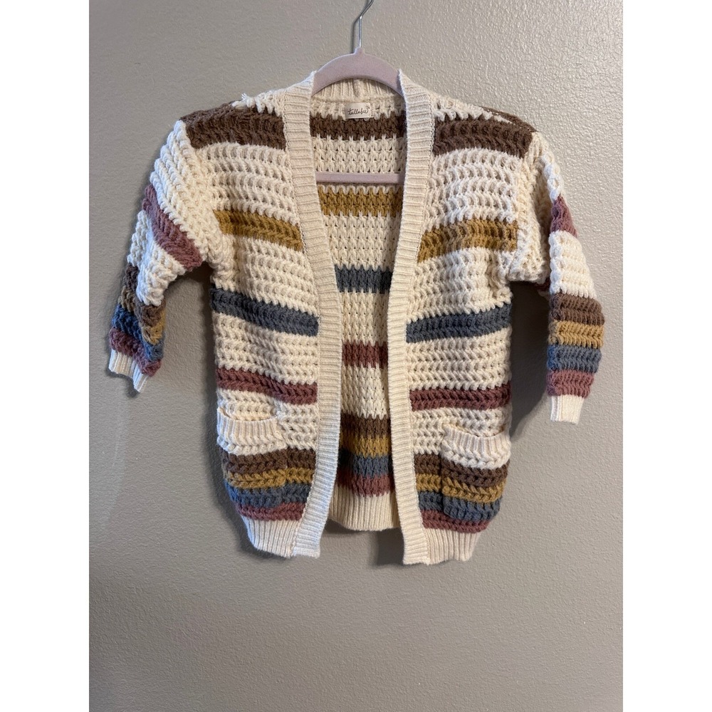 Tullabee Knit Cardigan Sweater Open Front Striped Pockets Neutral Colors